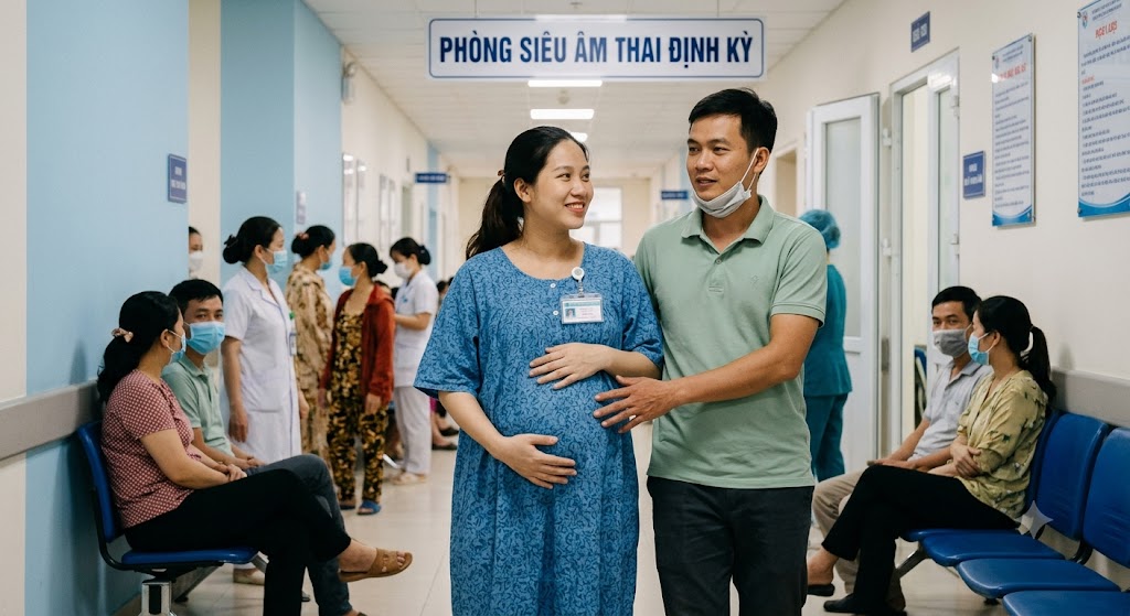 mẹ bầu đang đi siêu âm thai định kỳ ở bệnh viện có chồng đi cạnh bên,